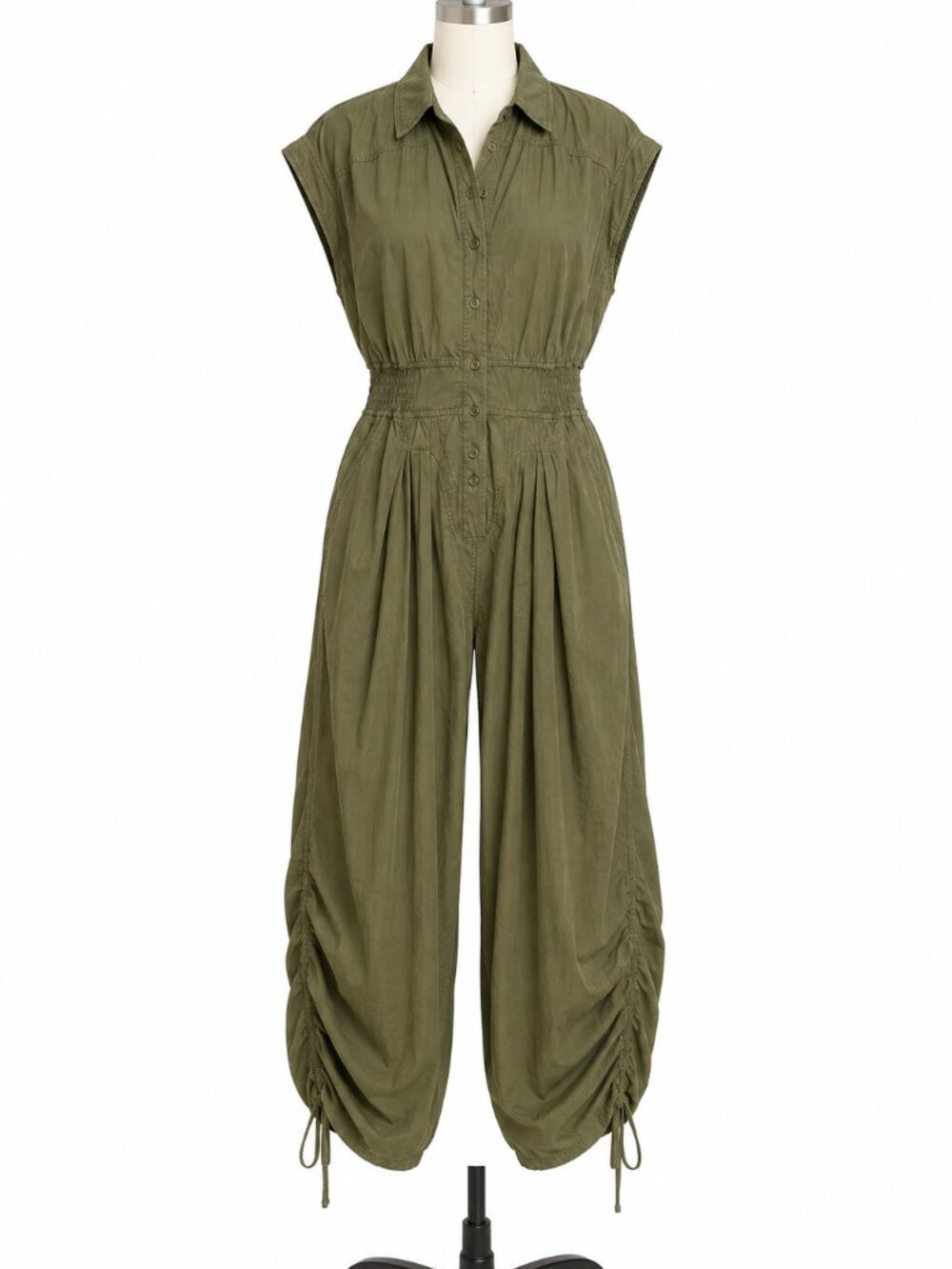 Anthropologie Green Button Front Elastic Waist Pocket Cinched leg Jumpsuit Large - Picture 2 of 10